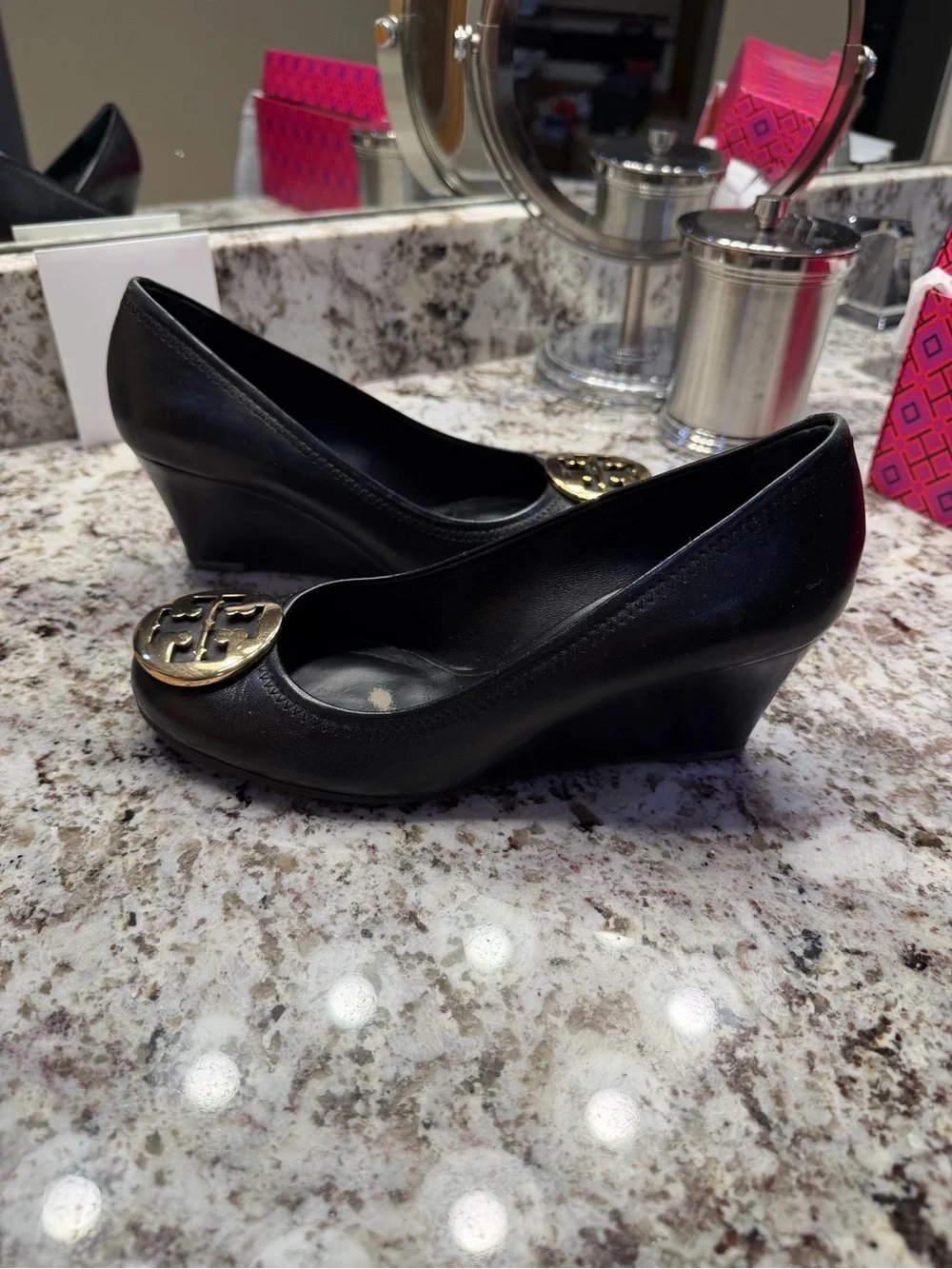 Tory Burch Black Leather Wedge Pumps with Gold Logo Medallion
